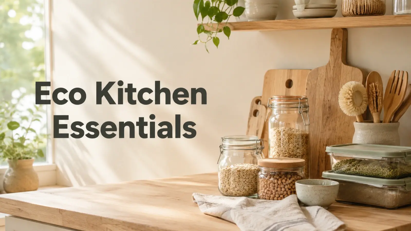 Eco-friendly kitchen essentials with reusable containers and bamboo utensils