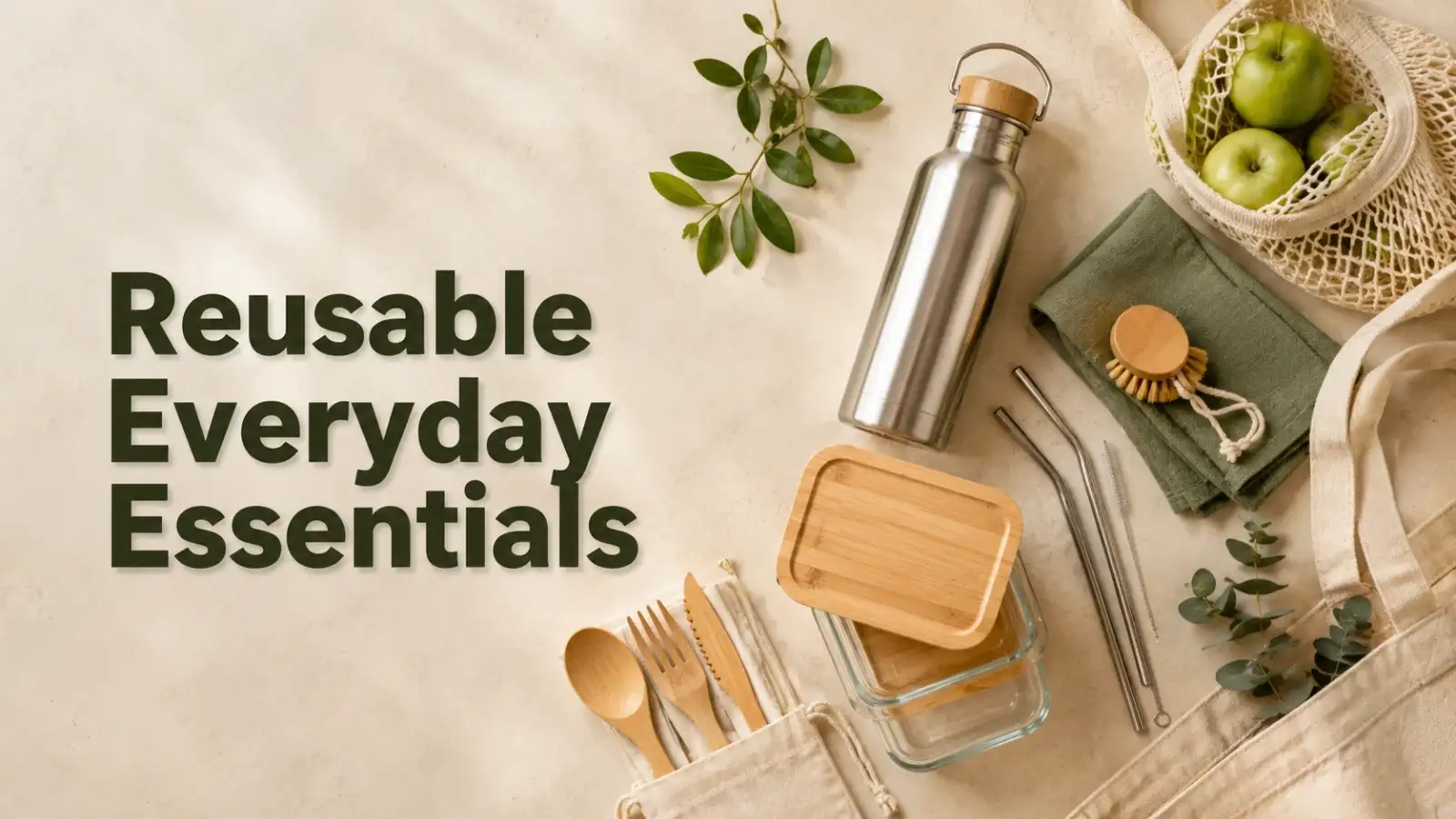 Reusable everyday essentials including eco-friendly bottles bags and containers