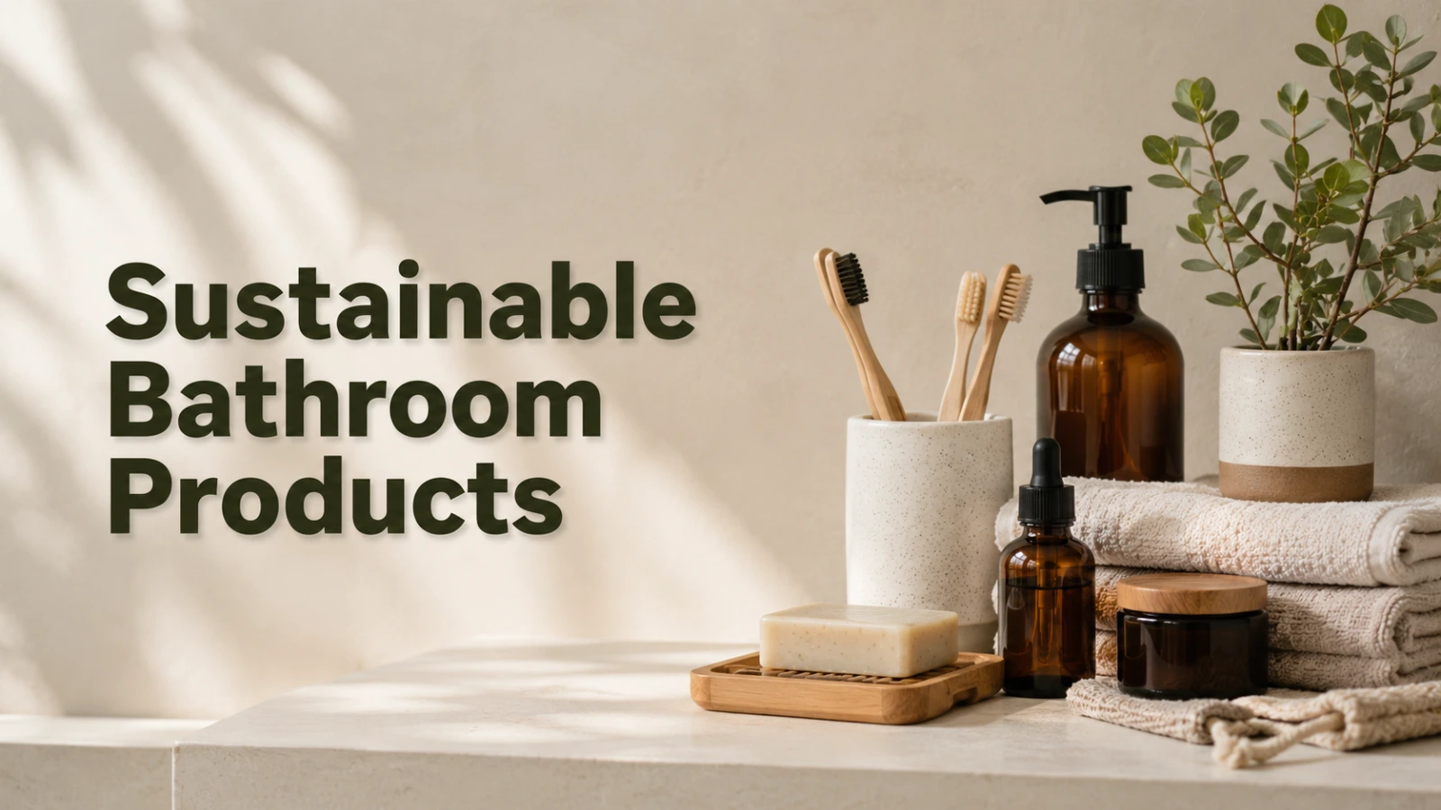 Sustainable bathroom products with bamboo toothbrushes and eco-friendly self-care essentials